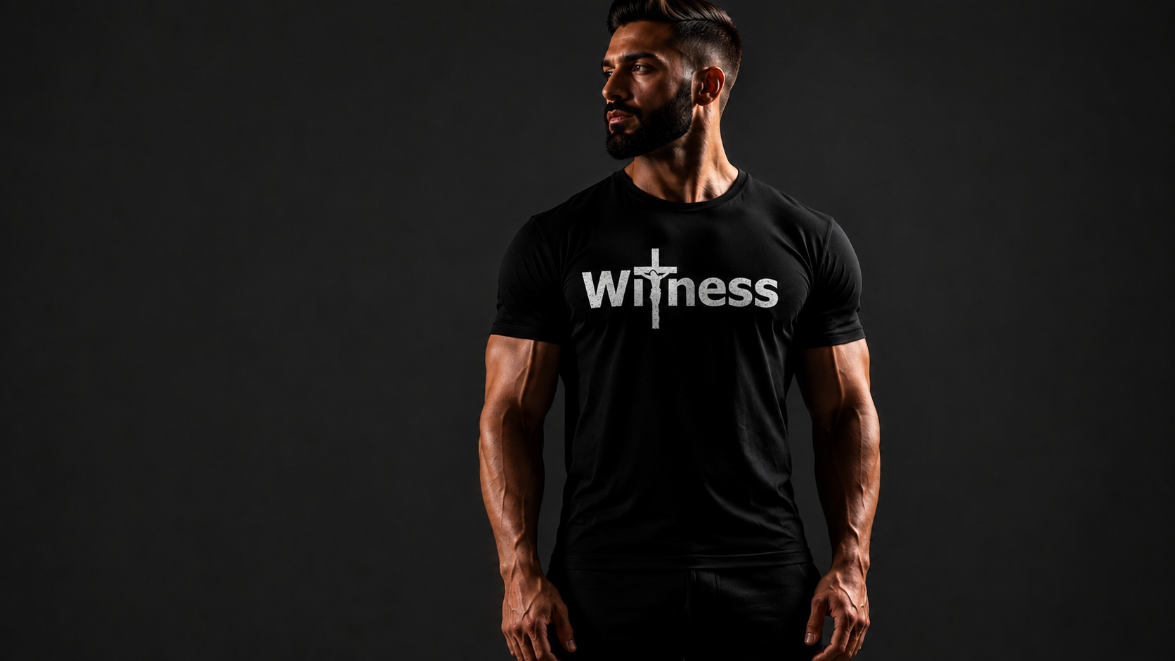 Man wearing black Witness Brand tee with cross logo